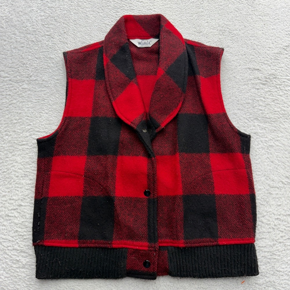 Woolrich Vintage Red Black Buffalo Plaid Wool Blend Shawl Vest Womens M USA
